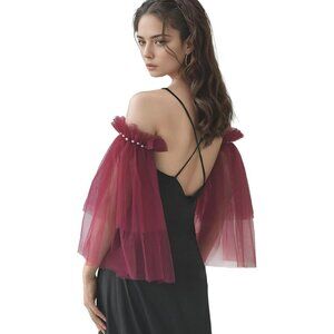 Women's Wedding Puffy Fingerless Red Detachable Long Sleeves Ruffled Gloves